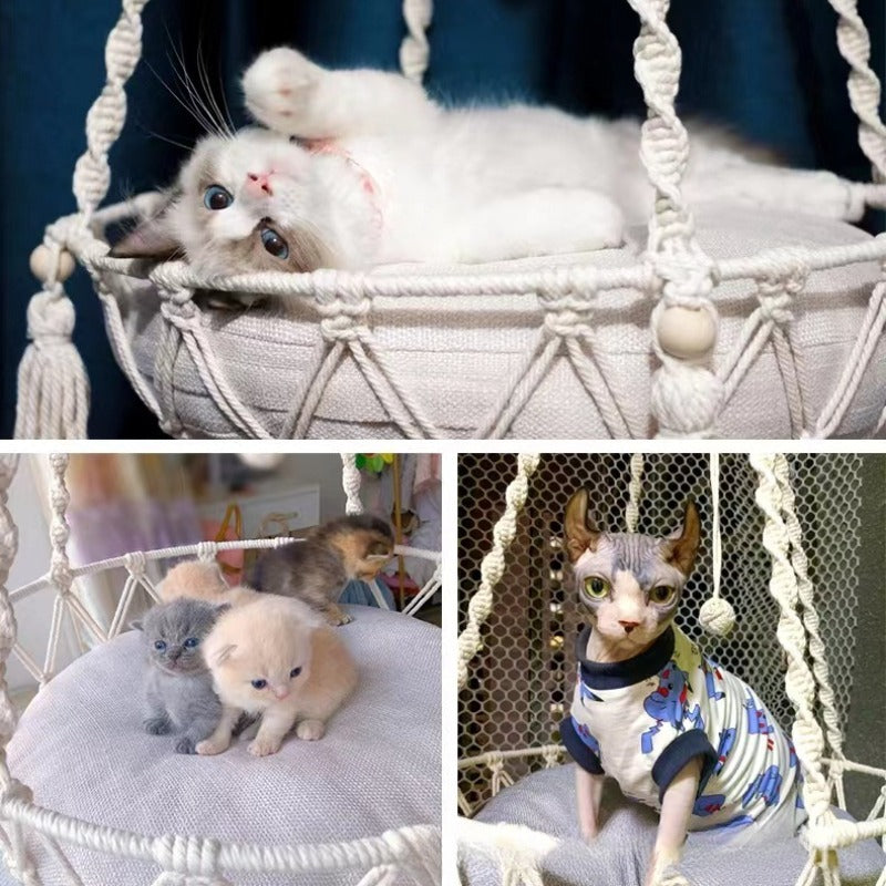 Hamaca Colgante para Gatos de Cuerda de Algodón – Tejido a Mano, Duradero y Estiloso, con Cojín Incluido