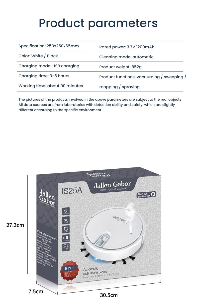 Robot Aspirador Inteligente 5 en 1 (Especial filtro Alérgicos) – Barrido, Aspirado, Fregado, Pulverización y Luz LED – Ultra Delgado, USB Recargable y Silencioso