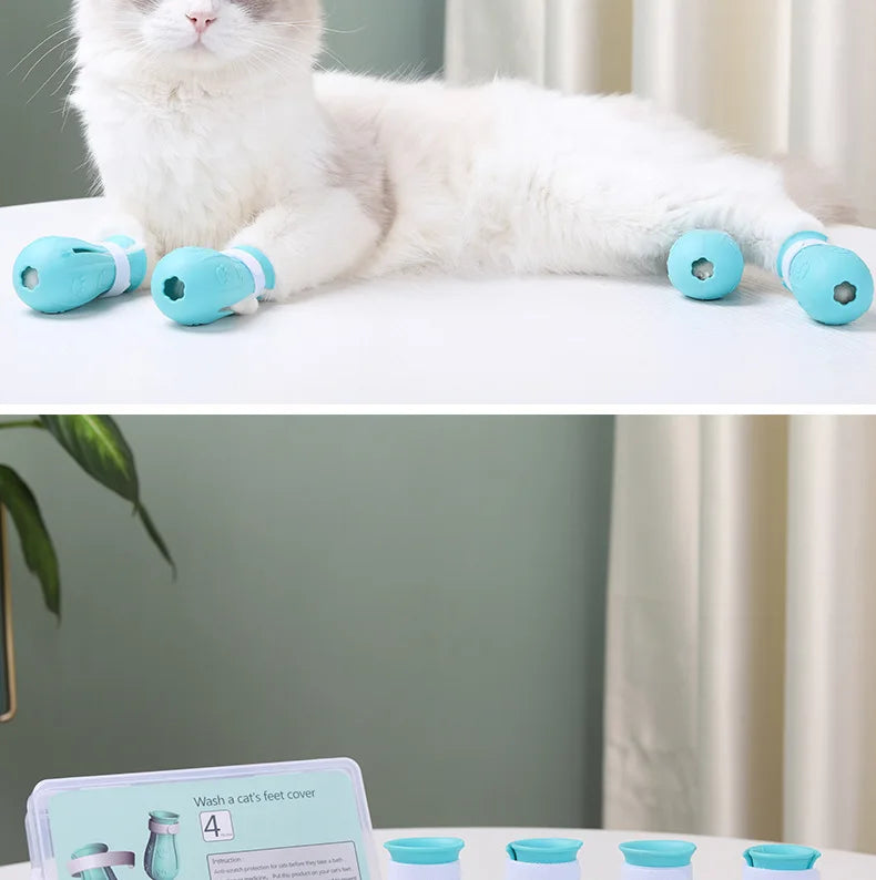 Botas de Silicona Antirrayaduras para Gatos – Set de 4 Protectores de Patas Ajustables para Baño, Corte de Uñas y Veterinario