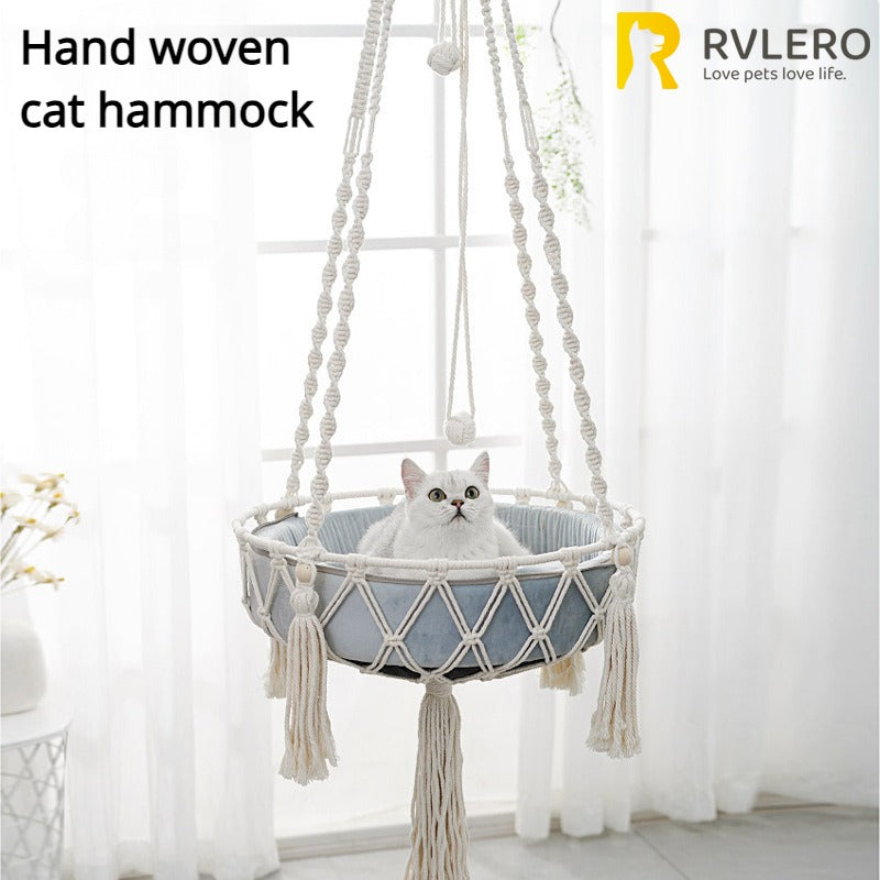 Hamaca Colgante para Gatos de Cuerda de Algodón – Tejido a Mano, Duradero y Estiloso, con Cojín Incluido