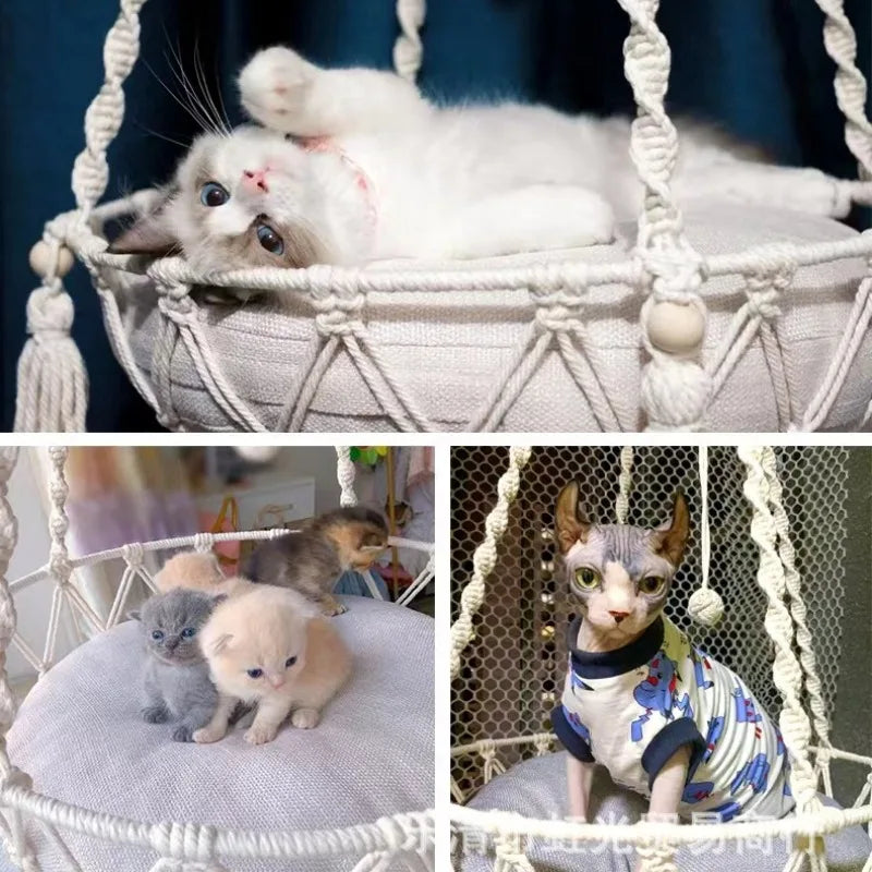 Hamaca Colgante para Gatos de Cuerda de Algodón – Tejido a Mano, Duradero y Estiloso, con Cojín Incluido