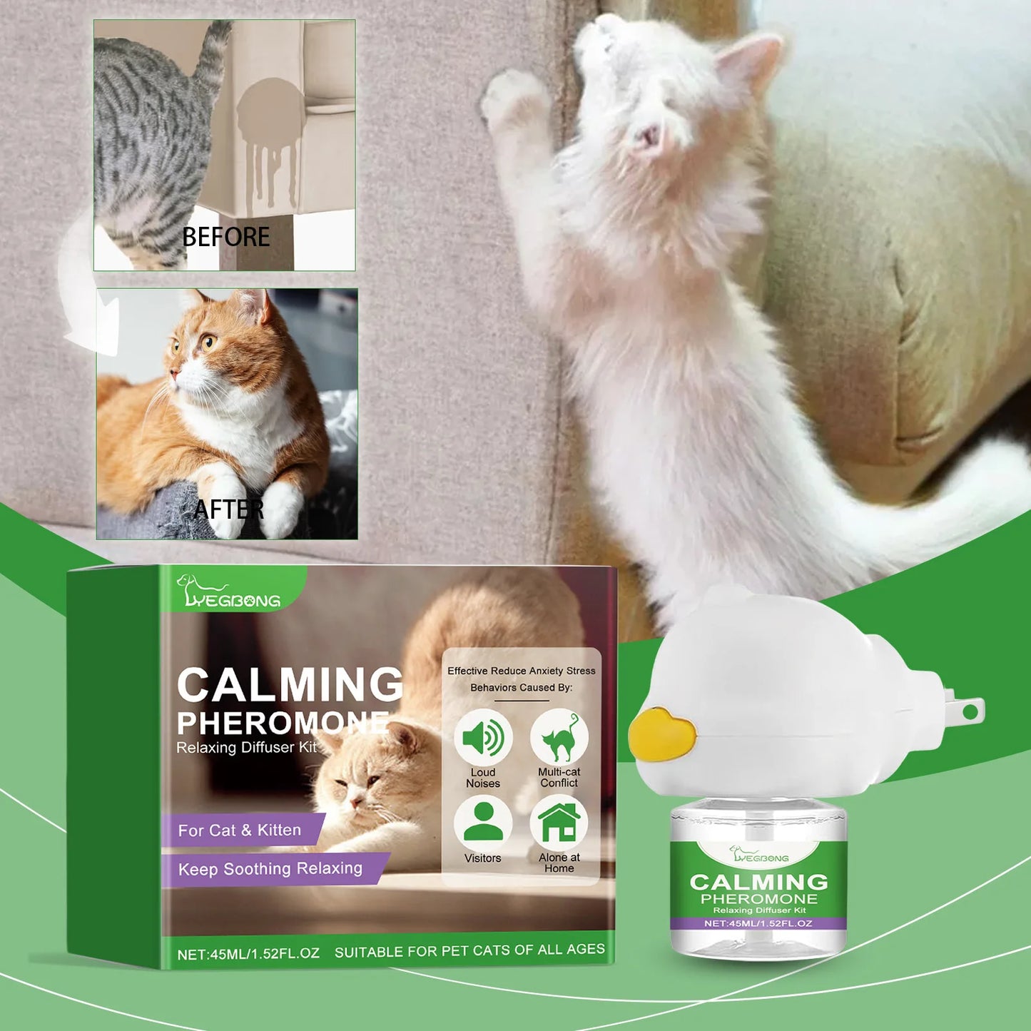 Difusor Calmante de Feromonas para Gatos YEGBONG – Anti-Estrés, Antiansiedad y Relajante Natural (45ml)