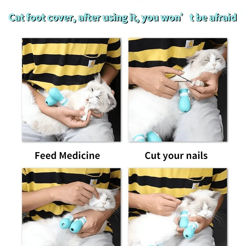 Botas de Silicona Antirrayaduras para Gatos – Set de 4 Protectores de Patas Ajustables para Baño, Corte de Uñas y Veterinario