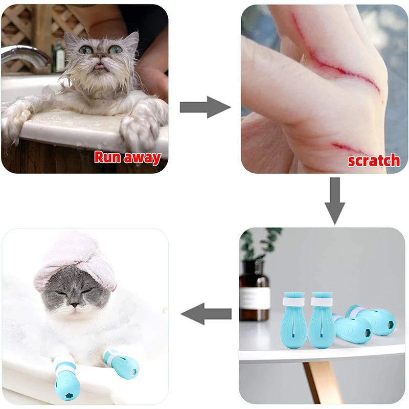 Botas de Silicona Antirrayaduras para Gatos – Set de 4 Protectores de Patas Ajustables para Baño, Corte de Uñas y Veterinario