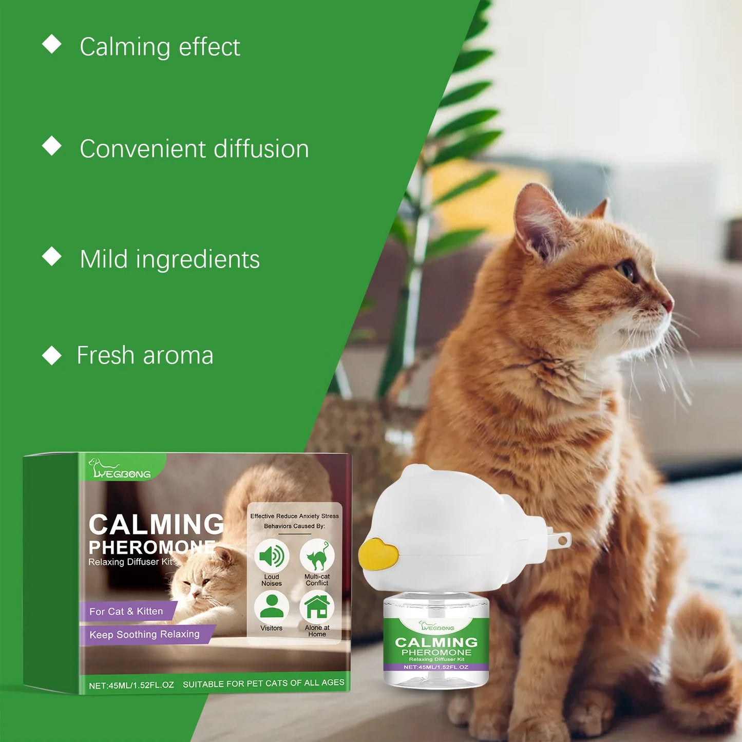 Difusor Calmante de Feromonas para Gatos YEGBONG – Anti-Estrés, Antiansiedad y Relajante Natural (45ml)
