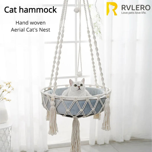 Hamaca Colgante para Gatos de Cuerda de Algodón – Tejido a Mano, Duradero y Estiloso, con Cojín Incluido